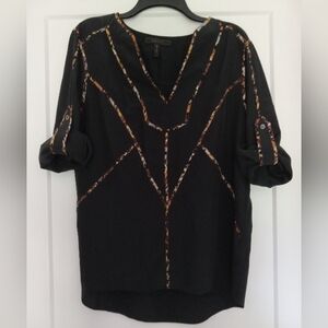 BCBG Max Azria Black Silk Blouse With Animal Print Motif EUC